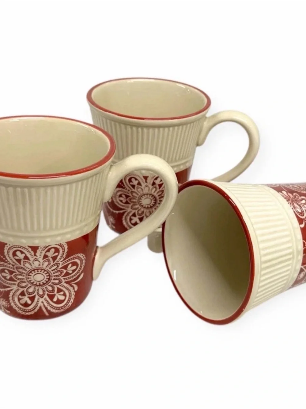Pier 1 Imports Maribeth Ironstone Mugs Set of 3 Burgundy Cream Floral Cups
